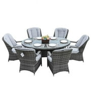 Direct Wicker PAD-1713-Grey 7 Piece 6 Seat Outdoor Garden Lamao Rattan Oval Dining Table and Chairs Set