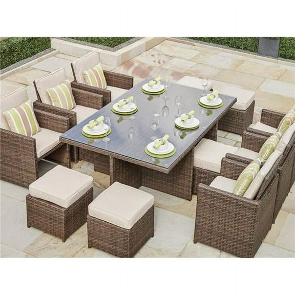 Direct Wicker PAD-3234-Brown 11 Piece Outdoor PE Rattan Wicker Patio Dining Table Set, Brown
