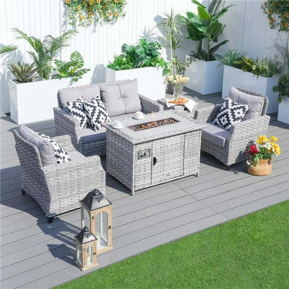 Direct Wicker PAF-1801-GR Patio Outdoor 5 Piece Wicker Gas Fire Table with Cushions Sofa Set