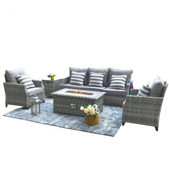 Direct Wicker PAF-1802-S 5-Piece Wicker Patio Fire Pit Conversation Set with Gray Cushions
