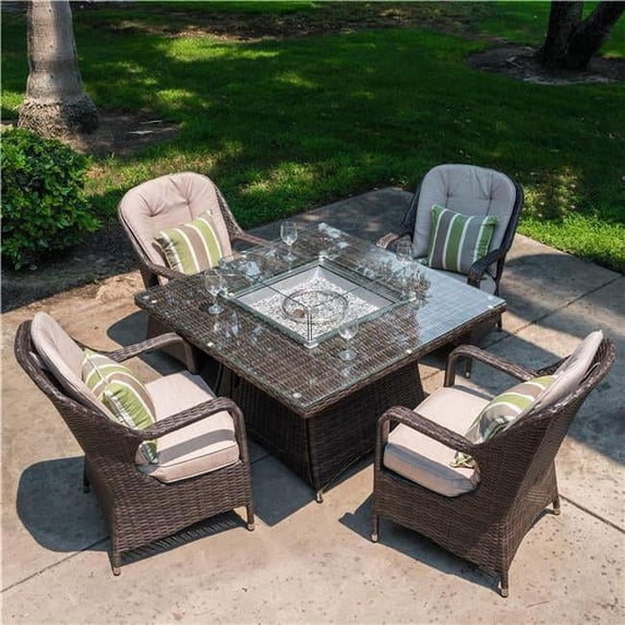 Direct Wicker PAG-1104 5 Piece Outdoor PE Rattan Wicker Patio Gas Fire Pit Square Table Set with Arm Chairs, Brown