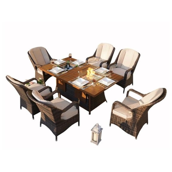Direct Wicker PAG-1106FI-Brown 7 Piece Patio Brown Gas Firepit And Ice Container Rectangle Dining Set with 6 Standard Height Chairs