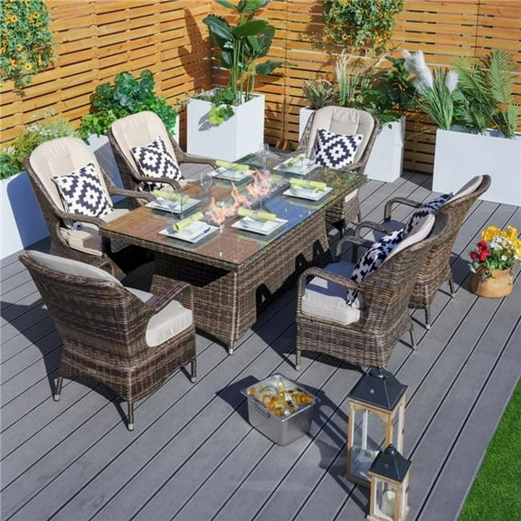 Direct Wicker PAG-1106R-BR Deluxe Patio 7-Piece Wicker Rectangular Fire Pit Dining Table Set