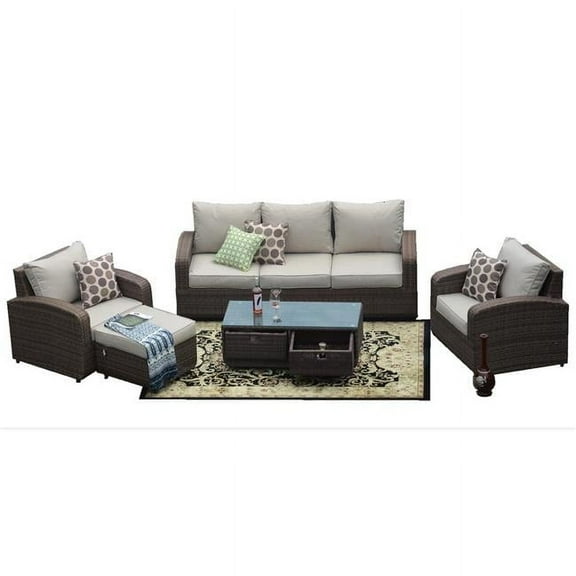 Direct Wicker PAS-1515-Brown Brown 5 Piece 5-Seat Patio Garden Furniture Sofa Sectional Set with Cushions