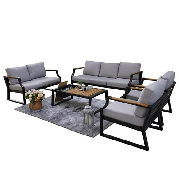 Direct Wicker PAS-2102-Black 5 Piece Outdoor Black Iron Conversational Sofa Set with Gray Cushions and Drink Cooler