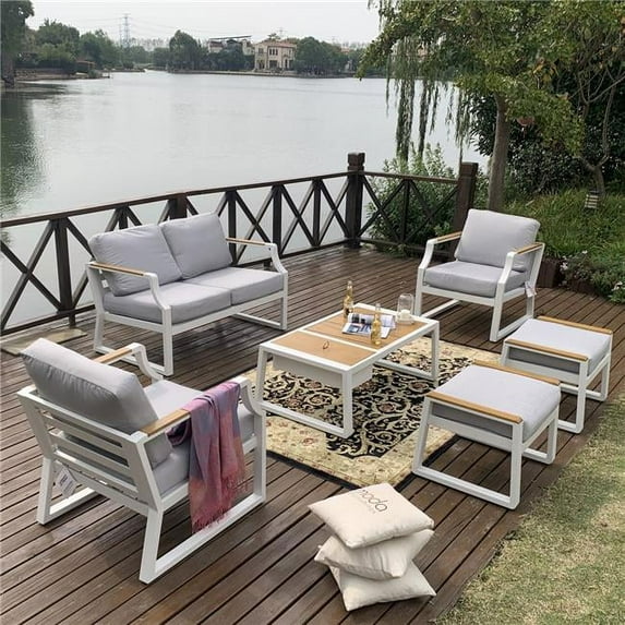 Direct Wicker PAS-2106-White 6 Piece Outdoor White Iron Conversational Sofa Set with Gray Cushions and Drink Cooler (Double-seat Sofa)