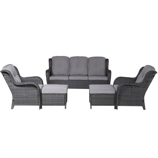 Direct Wicker PAS-2122-Gray Gray 5 Piece Wicker Patio Garden Furniture Conversation Seating Sofa Set with Cushions and Ottoman