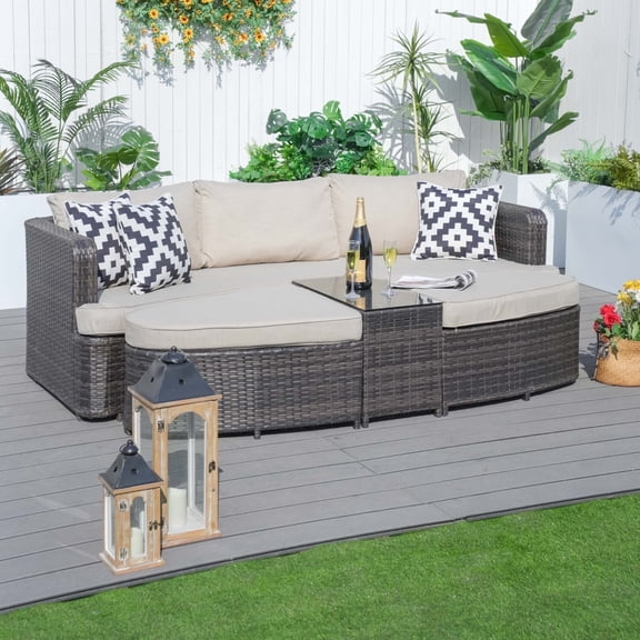 Direct Wicker Patio Furniture 4-piece Brown Wicker Daybed Set with cushions and table