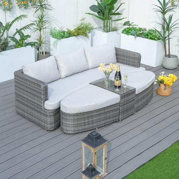 Direct Wicker Patio Furniture 5-piece Grey Wicker Daybed Set with cushions and table