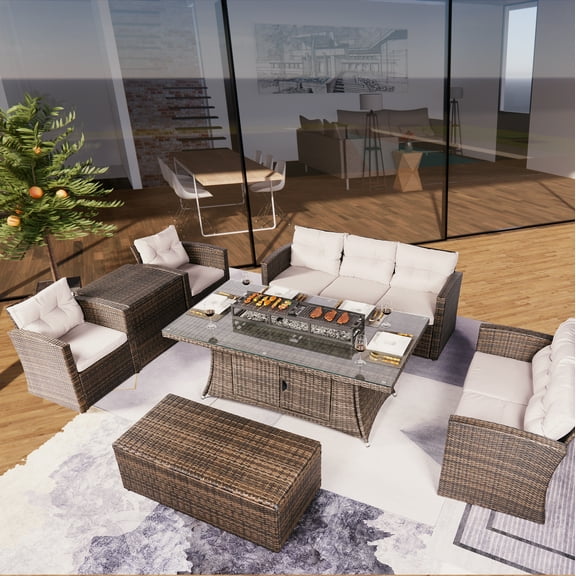 Direct Wicker Patio Furniture Wicker Sectional Sofa Set Wish Fire Pit Dining Table(without Grill)