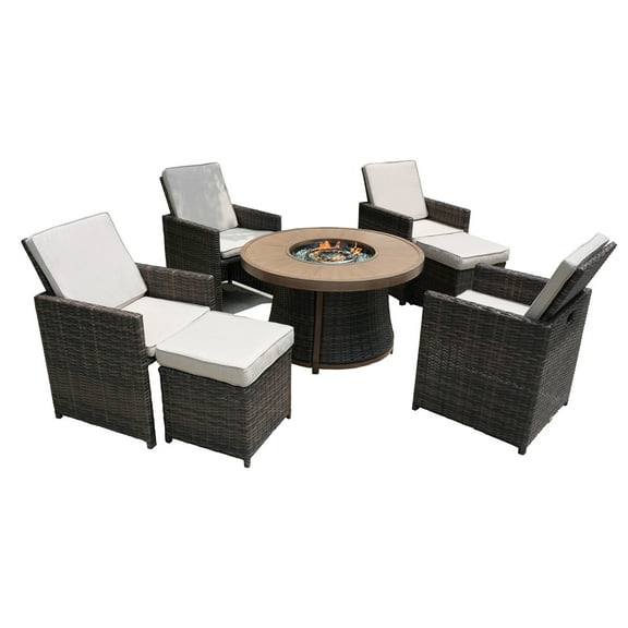 Direct Wicker Round 42" Gas Fire Pit Table with Chairs and Ottomans, 7 Pieces Outdoor Conversation Set