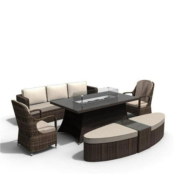 Direct Wicker UBS-1106R-1202-009-B Brown 7 Piece PE Rattan Outdoor Patio Rectangular Fire Pit Dining Table and Chairs Set, Daybed, Coffee Table, Ottoman