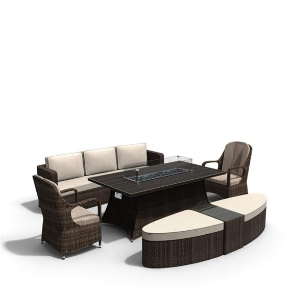 Direct Wicker UBS-1106RA-1202-009-B Brown 7 Piece PE Rattan Outdoor Rectangular Fire Pit Dining Table Set with Aluminum Table Top, Daybed, Ottoman
