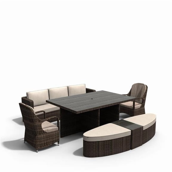 Direct Wicker UBS-3234-1202-009-B Brown 7 Piece PE Rattan Outdoor Patio Dining Table and Chairs Set, Daybed, Coffee Table, Ottoman, Umbrella Hole