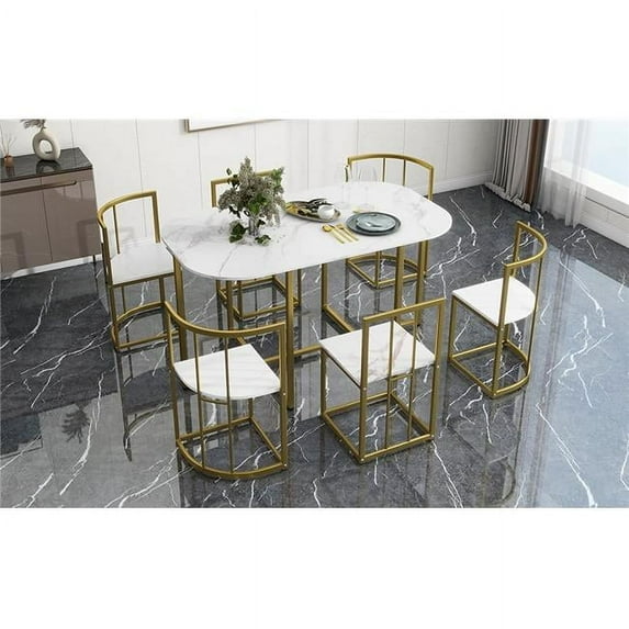 Direct Wicker UBS-SP000017AAG Modern 7-Piece Dining Table Set with Faux Marble Compact 55Inch Kitchen Table Set for 6