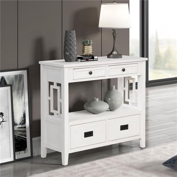 Direct Wicker UBS-W120246661 36'' Farmhouse Pine Wood Console Table Entry Table with 4 Drawers and 1 Storage Shelf (White)
