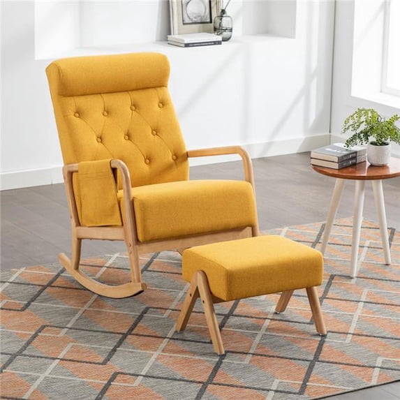 Direct Wicker UBS-W153967874 Mid-Century Modern Upholstered Rocking Chair with Ottoman, Yellow
