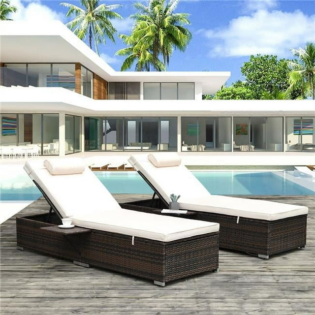 Direct Wicker UBS-W213S00074 2 Piece Patio Brown Rattan Recliners with Adjustable Backrest, Side Table and Head Pillow