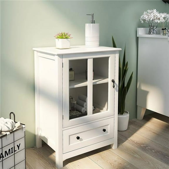 Direct Wicker UBS-W28227727 Storage Cabinet with Single Glass Doors and Unique Bell Handle for Living Room, Bathroom and Bedroom