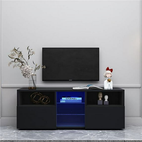 Direct Wicker UBS-W33128500 Modern Minimalist Black TV Cabinet with LED Lights, High-Gloss TV Stand Entertainment Center
