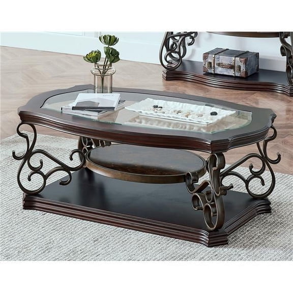 Direct Wicker UBS-W48720760 52 x 32 x 20.3 in. Glass Table Top Cocktail Table with Marble Paper Middle Shelf & Powder Coat Finish Metal Legs, Dark Brown