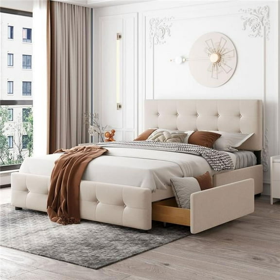 Direct Wicker  Upholstered Platform Bed with Headboard and 4 Drawers, No Box Spring Needed, Linen Fabric, Queen Size Beige