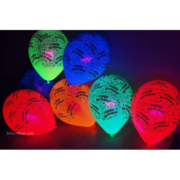 DirectGlow 25ct Assorted 11 inch Latex UV Blacklight Reactive Happy Birthday Balloons