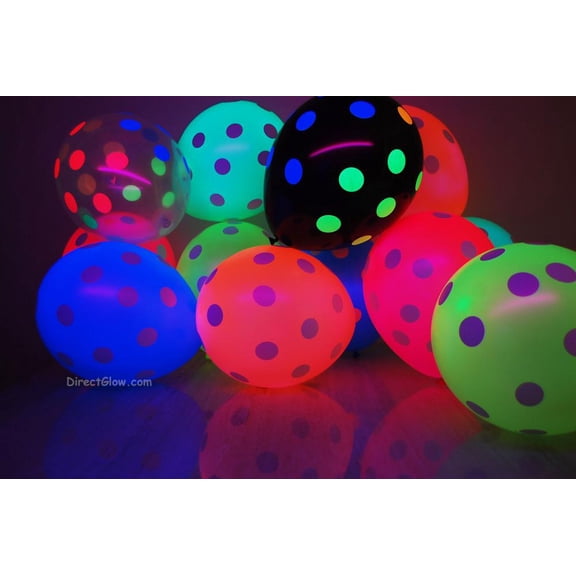 DirectGlow 25ct Assorted 11 inch Latex UV Blacklight Reactive Latex Polka Dot Balloons
