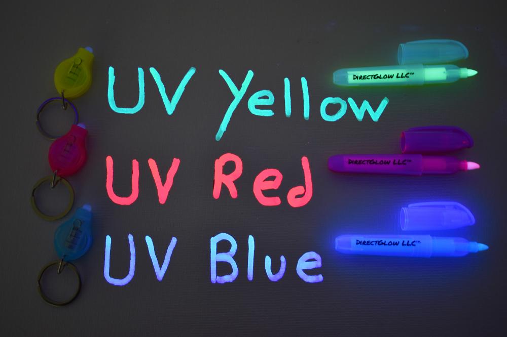 DirectGlow Set of 3 Invisible UV Blacklight Ink Marker Blue Red Yellow with  UV Lights 