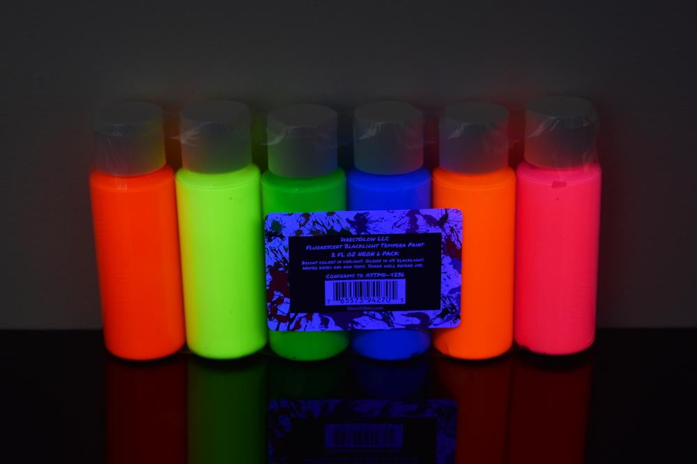 DirectGlow UV Blacklight Reactive Fluorescent Tempera Party Paint (6 Color Assortment, 2 Ounce Bottles)