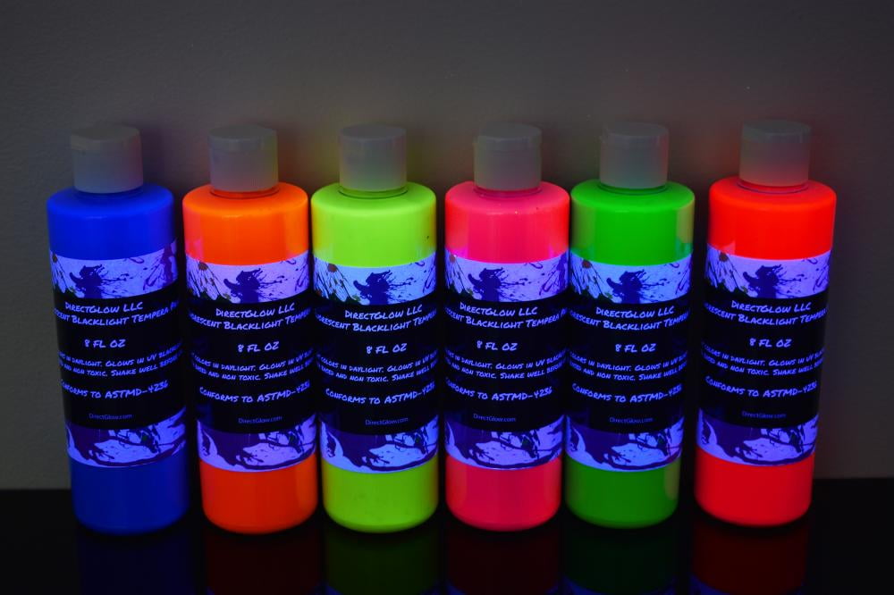 DirectGlow UV Blacklight Reactive Fluorescent Tempera Party Paint (6 Color Assortment, 8 Ounce Bottles)