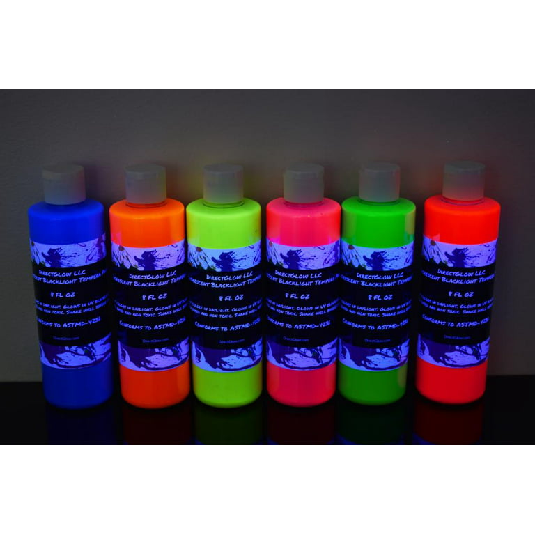 DirectGlow UV Blacklight Reactive Fluorescent Tempera Party Paint (6 Color  Assortment, 8 Ounce Bottles)