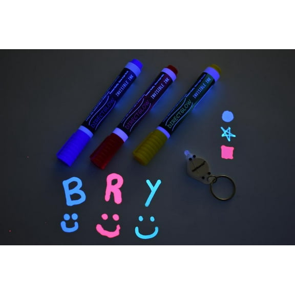DirectGlow XL Invisible Blue Red Yellow Blacklight Ink Markers with UV Light