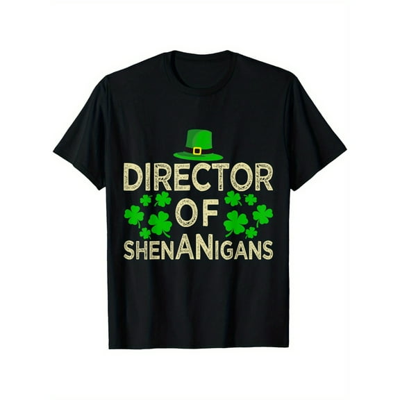 Director of Shenanigans Funny Green Leprechaun Hat Graphic, Short-Sleeve Tee for Men & Women, Casual Round Neck, Sizes S-XXXL, Perfect for Outdoor Celebrations