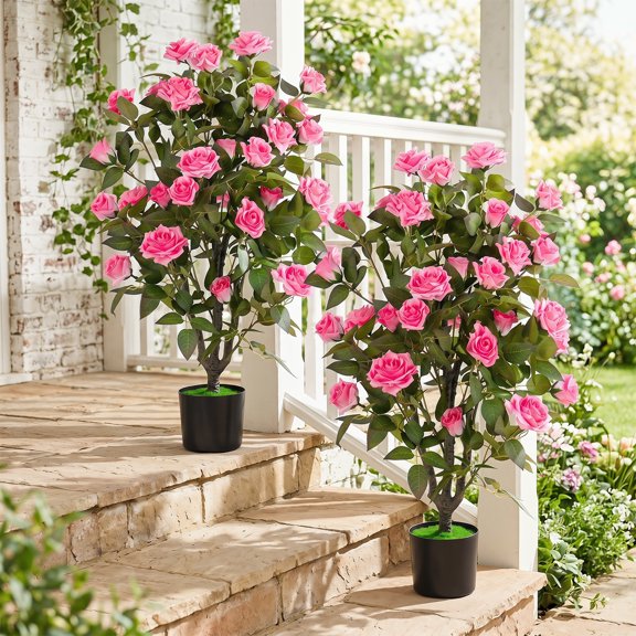 Dirhojoy 2PCS Artificial Rose Tree w/Blooming Flowers & Green Leaves, Free Maintenance