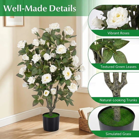 Dirhojoy Artificial Rose Tree, 35.5" Faux Rose Flower Tree with Blooming Flowers and Green Leaves, Free Maintenance, Greenery Potted Plant for Indoor Decoration, Home Office, Porch, Living Room