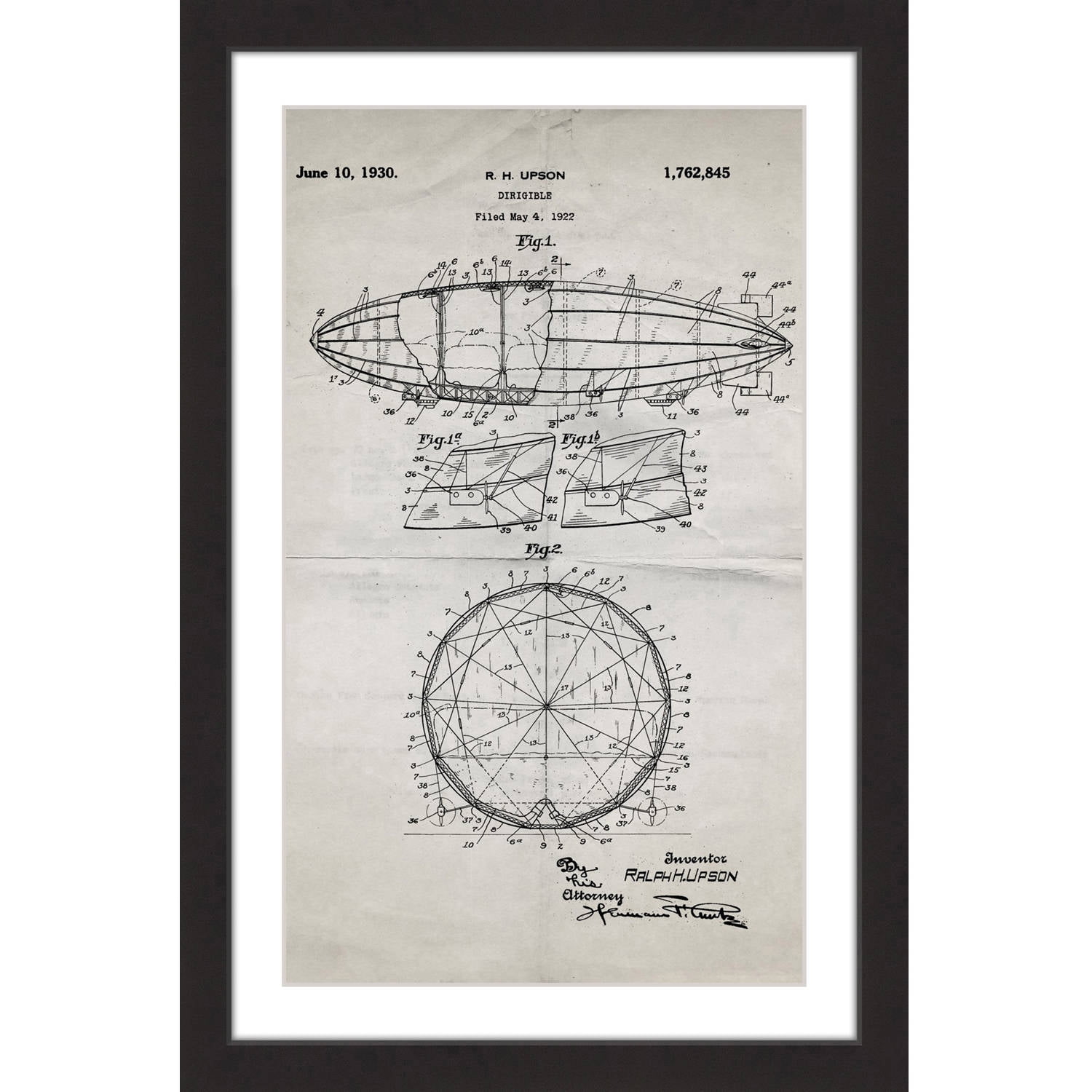 "Dirigible 1922 Old Paper" Framed Painting Print