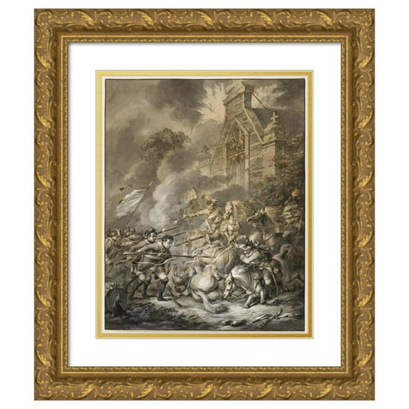 Dirk Langendijk 15x18 Gold Ornate Wood Frame and Double Matted Museum Art Print Titled - A Skirmish Between the Cavalry Officers and Footsoldiers with Bayonets (1781)