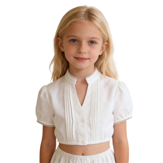 Dirndl Blouse for Girls Puff Sleeve Oktoberfest V Neck Button Front Lace Crop Blouse Bavarian (7-14y)