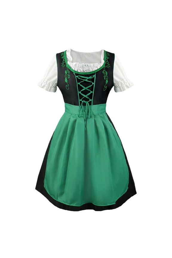 Dirndl Dress for Women Oktoberfest Bavarian German Lace-Up Green Midi Dress with Apron Vintage Traditional Costume