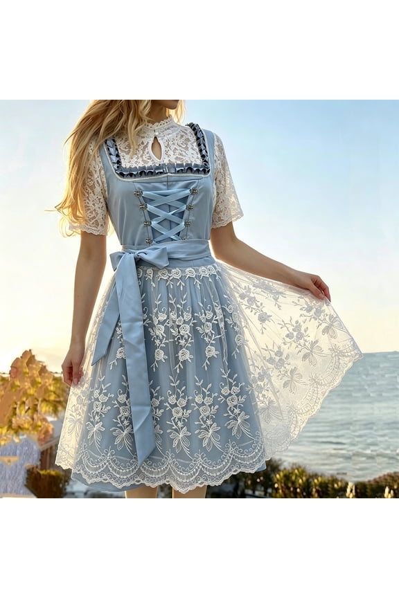 Dirndl Dresses Women Oktoberfest Dress German Clothing Short-sleeve dress Costume Halloween Party (Light Blue,S)