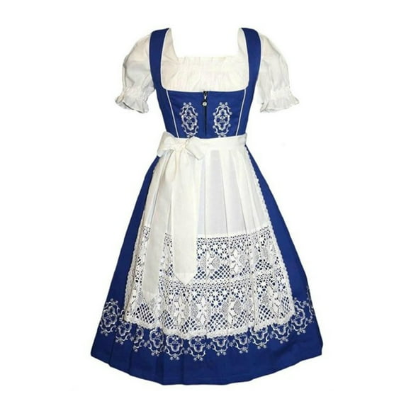 Dirndl Trachten Haus 3 Piece Long German Oktoberfest Dirndl Cotton Dress for Womens and Girls - Blue