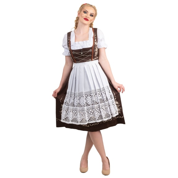 Dirndl Trachten Haus 3 Piece Long German Oktoberfest Dirndl Cotton Dress for Womens and Girls - Brown