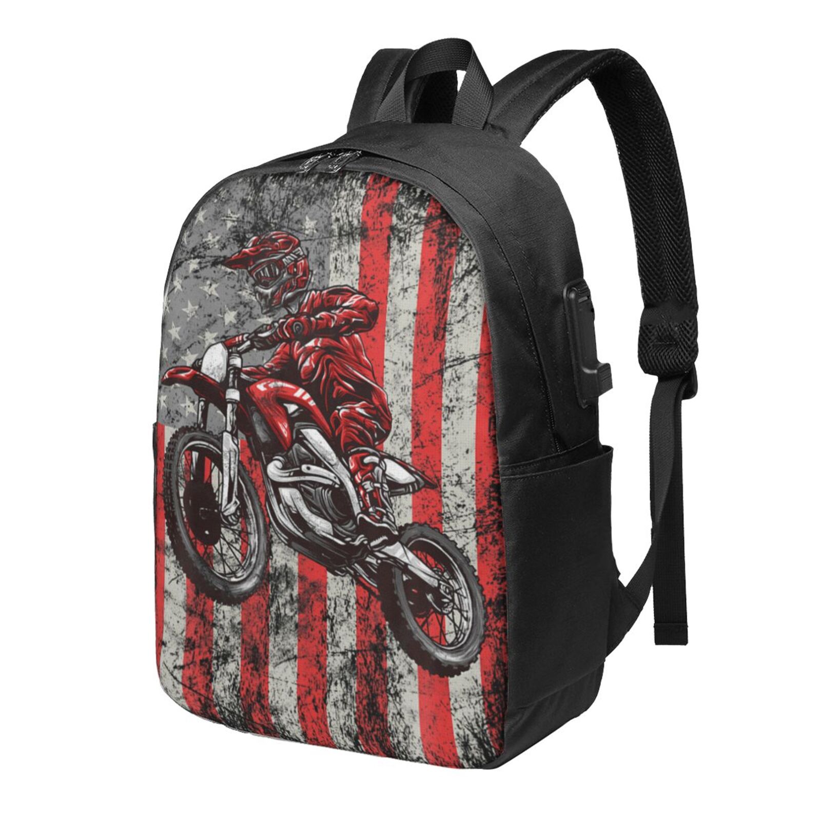 Dirt Bike American Flag Motocross Backpack 17 Inch Durable Large Capacity Backpacks for Girls