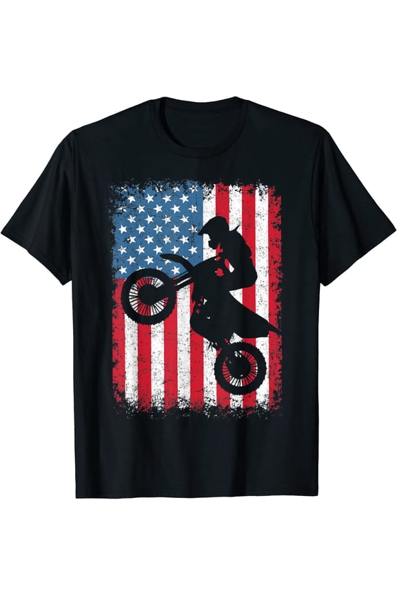 Dirt Bike American Flag Motocross Biker 4th of July Men Boys T-Shirt