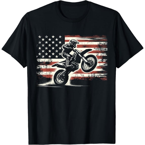 Dirt Bike American Flag Motocross Biker Vintage USA Softstyle Unisex T-Shirt,Black Color,Size 3T