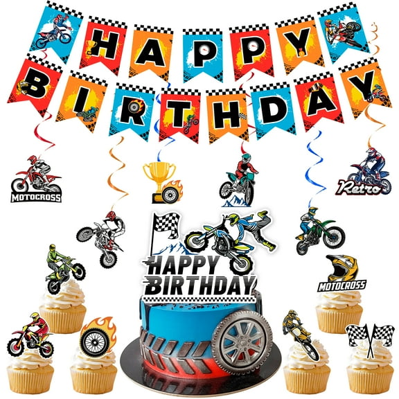 Dirt Bike Birthday Party Decorations, 20Pcs Dirt Bike Party Supplies - Motorcycle Birthday Banner, Motocross Party Hangling Swirls & Dirt Bike Birthday Cake Topper etc Motorcycle Birthday Decorations