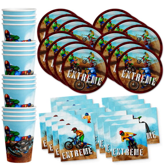 Dirt Bike Birthday Party Supplies - Boy's Motorcross Birthday - Motorcycle Part Set Includes Plates Napkins Cups Tableware Kit for 16