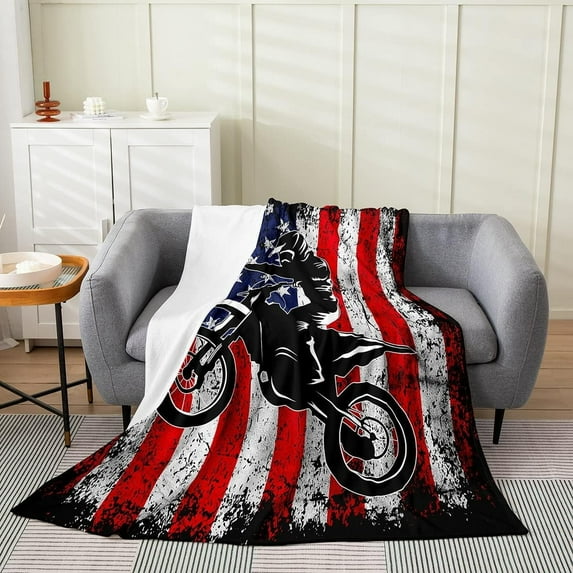 Dirt Bike Blanket Throw 50x60 Motocross Throw Blanket Retro American Flag Fleece Blanket for Kids Boys Teens Men Grunge Decor,Extreme Sports Tie Dye Bed Blanket Motor Biker Motorcycle Flannel Blanket