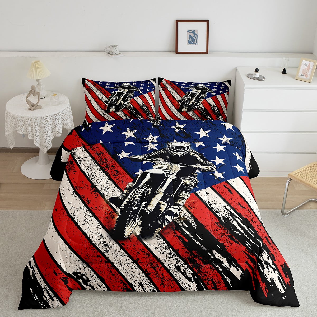 Dirt Bike Comforter Set American Flag Bedding, Boys Motocross Rider